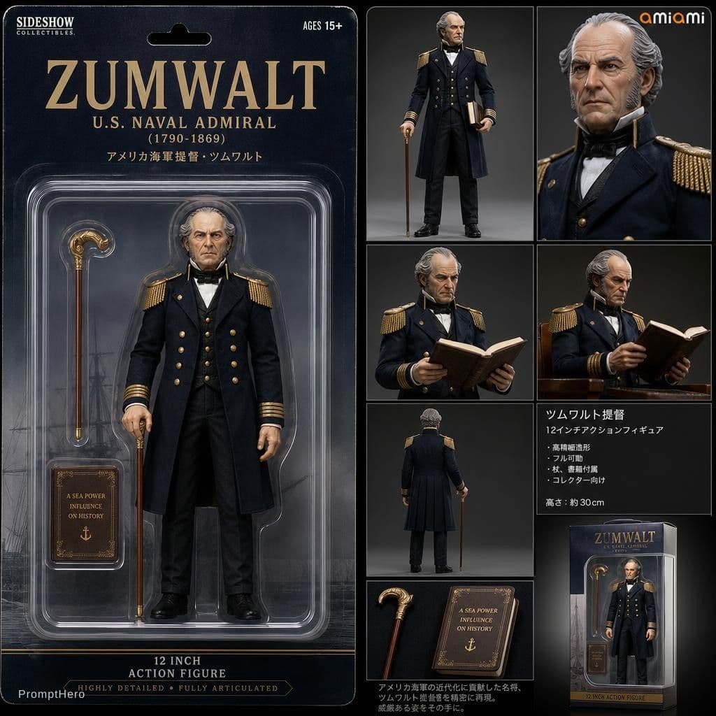 AI generated: a hanging card, Available in individual packaging, Toys for adults,a action figure of Zumwalt, as an...