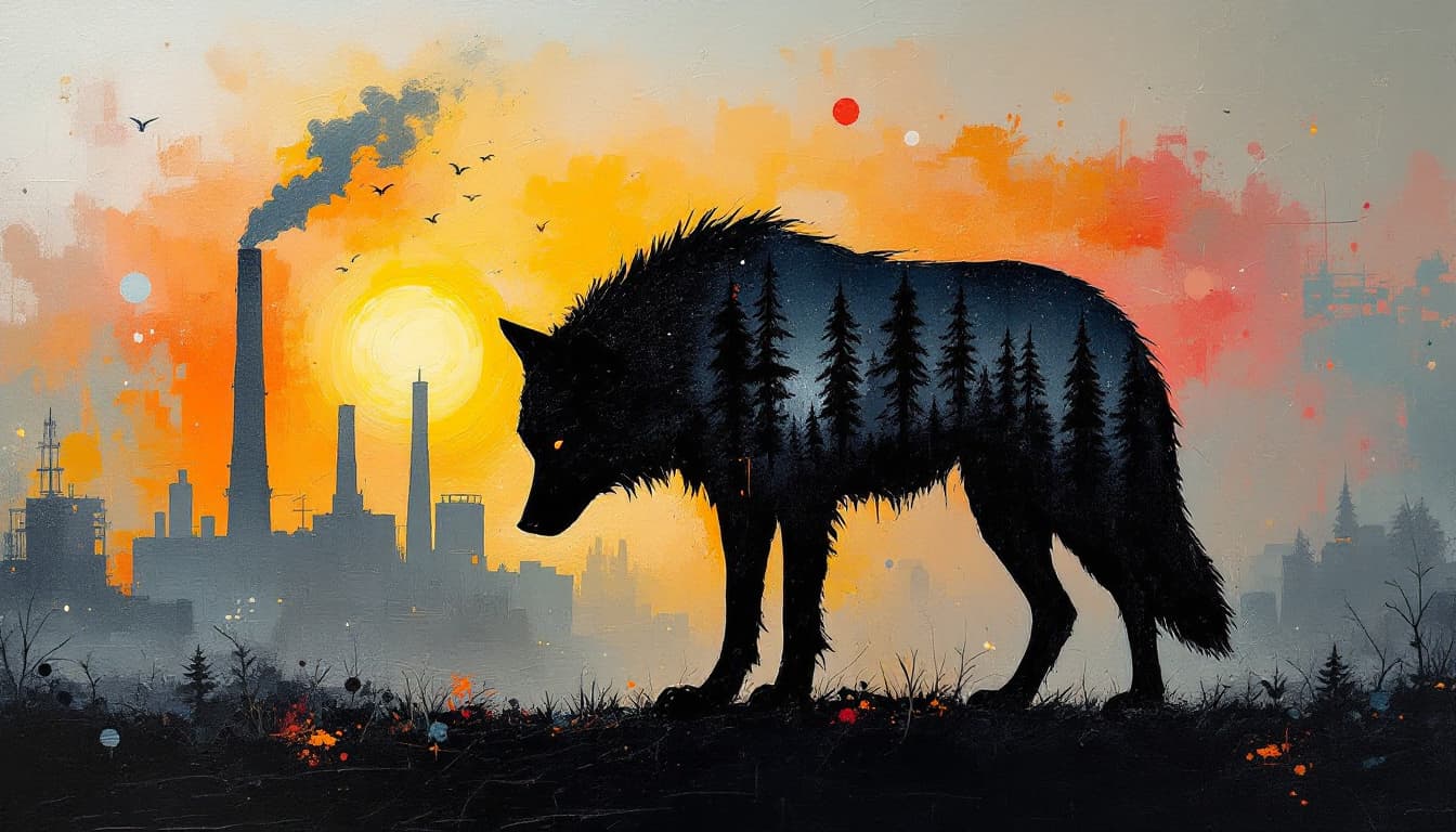 AI generated: oil painting, cardboard like silhouette of a wolf, head down, low tail, dramatic background, Pollock...