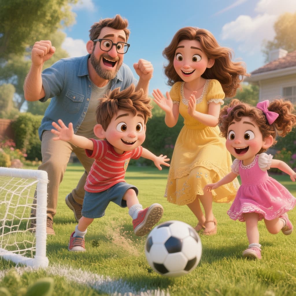AI generated: Cute animated family: loving father with glasses and a short brown beard, wearing a blue casual shir...