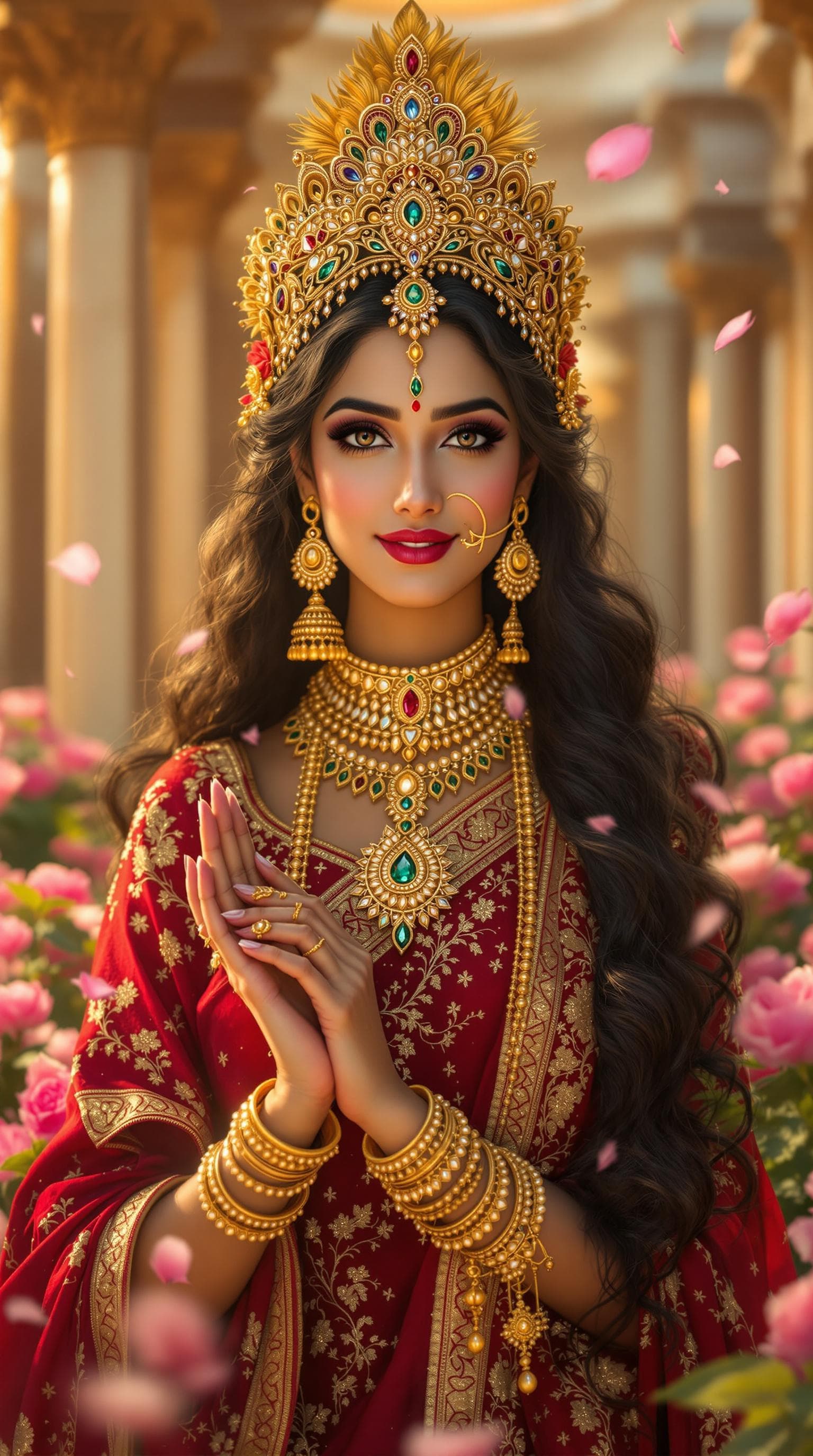AI generated: "Ultra-realistic, hyper-detailed 8K portrait of Goddess Radha in her divine and royal form, adorned ...