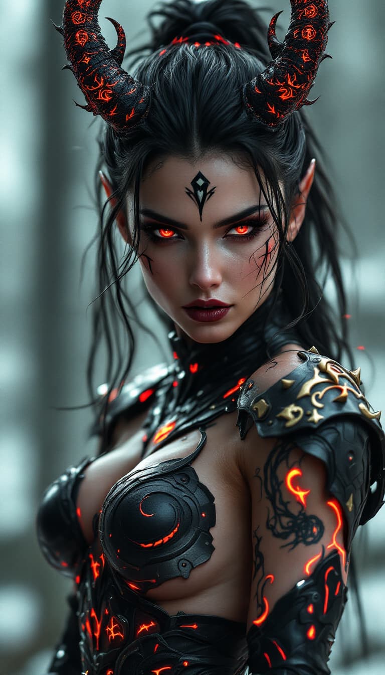 AI generated:  An ultra-realistic, full-body portrait of a captivating demon huntress woman, radiating fierce dete...
