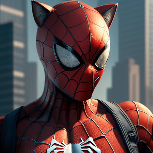 AI generated: cat head anthropomorphic humanoid body, marvel movie poster, spiderman character, red spiderman suit...