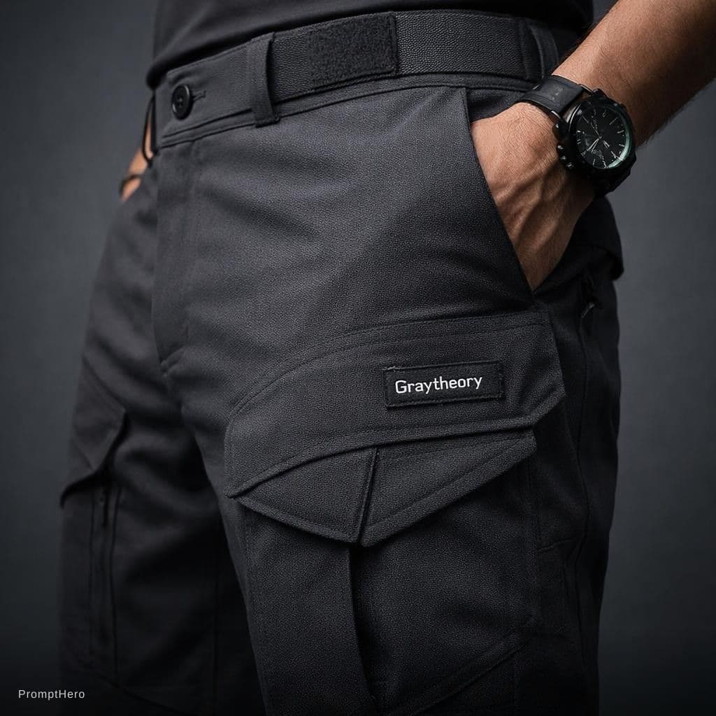 AI generated: Photograph, urban millitary, technical materials, fabric small point label on text 'Graytheory', sma...