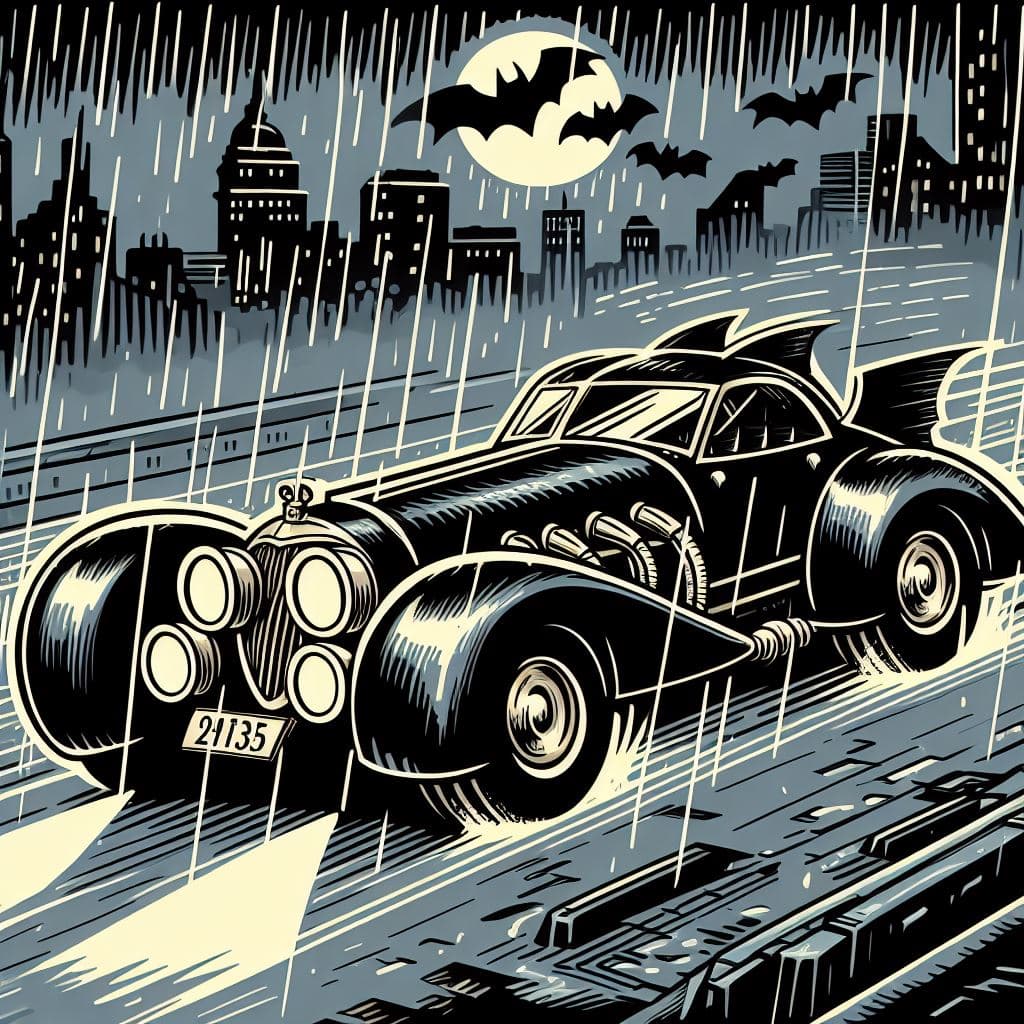 AI generated: Cartoon drawing of an Old fashioned 1935 Batmobile in the style of Streamline Moderne and dieselpunk...