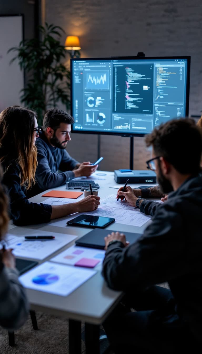 AI generated: Une équipe collaborative autour d'une table de travail, planifiant un projet technologique, avec des...