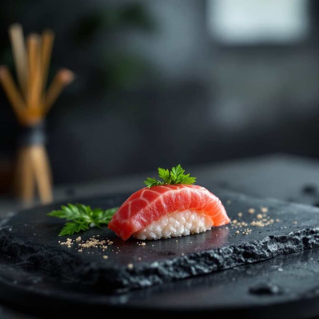 AI generated: single tuna sushi on the stone dark table in the loft style room with gray hue background, high qual...