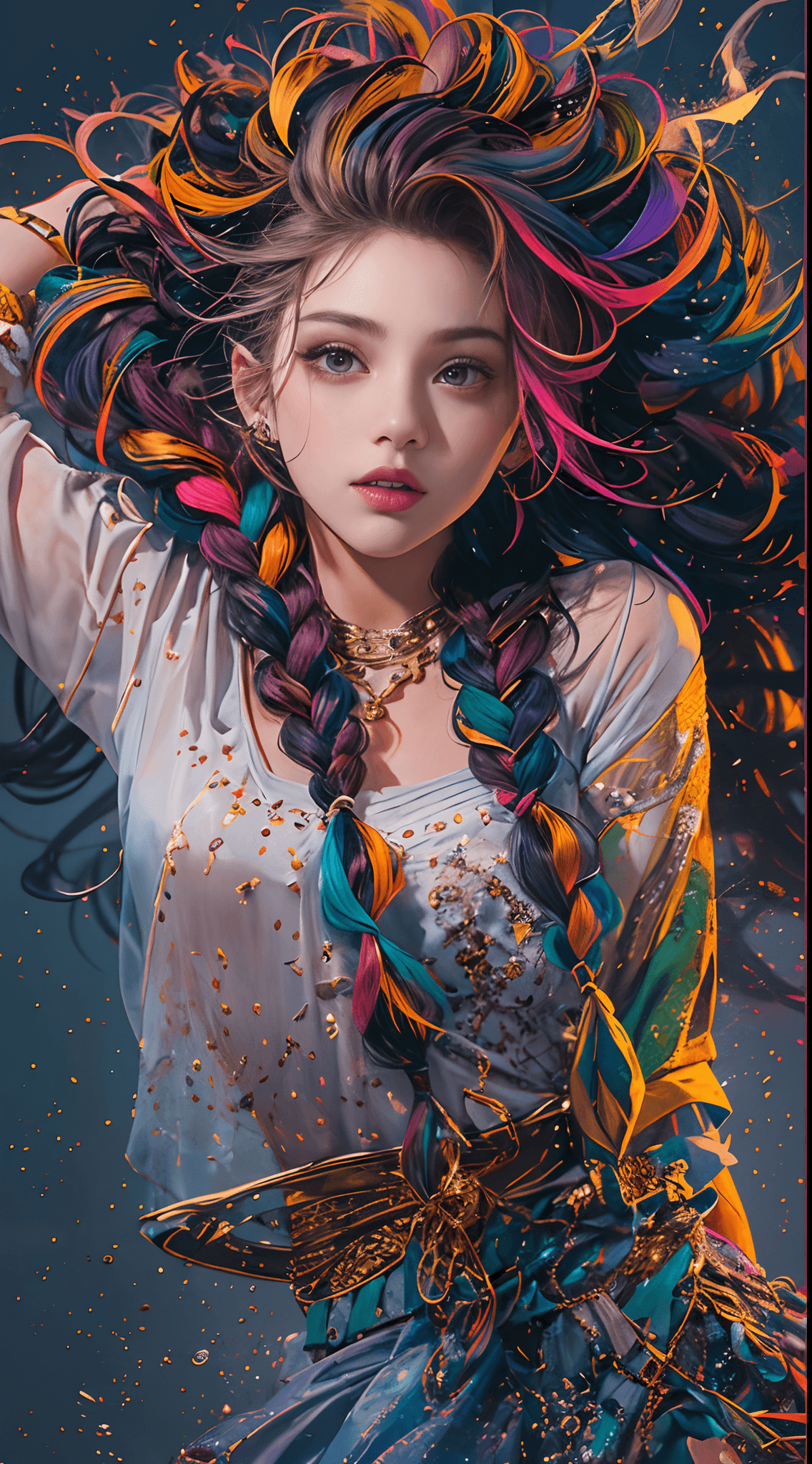 AI generated: (full body:1.2), (Smokexxx:1.4), 1girl with really wild hair, (wavy multicolor hair:1.2), (two long ...