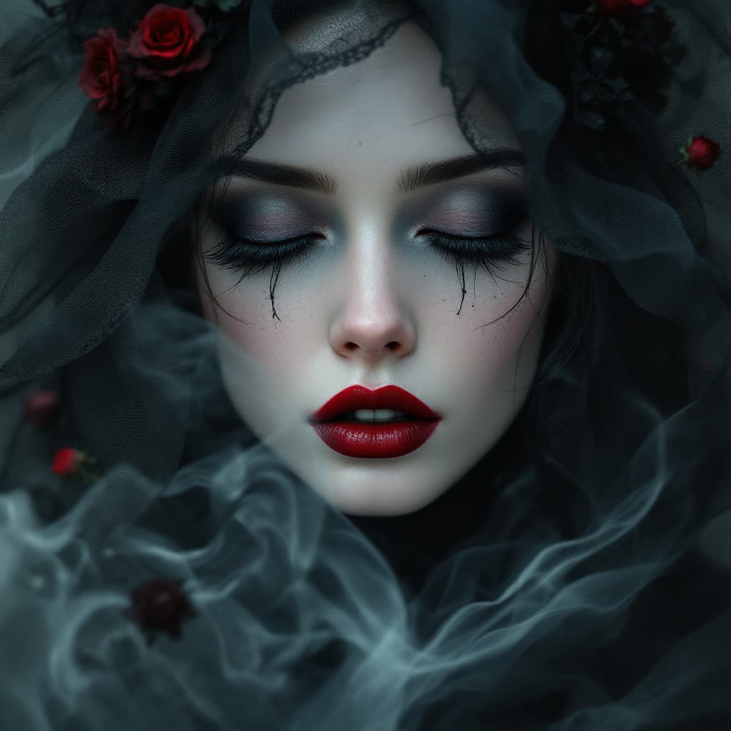 AI generated: Surrealist portrait. Close-up. A gothic vampire woman with closed eyes surrounded by soft ethereal s...