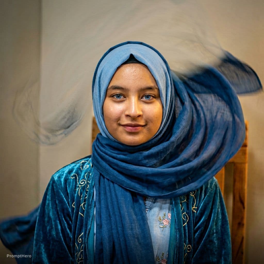 AI generated: best quality, masterpiece, (realistic:1.2), luminate, beautiful muslim, hijab, twirling hijab, robe,...