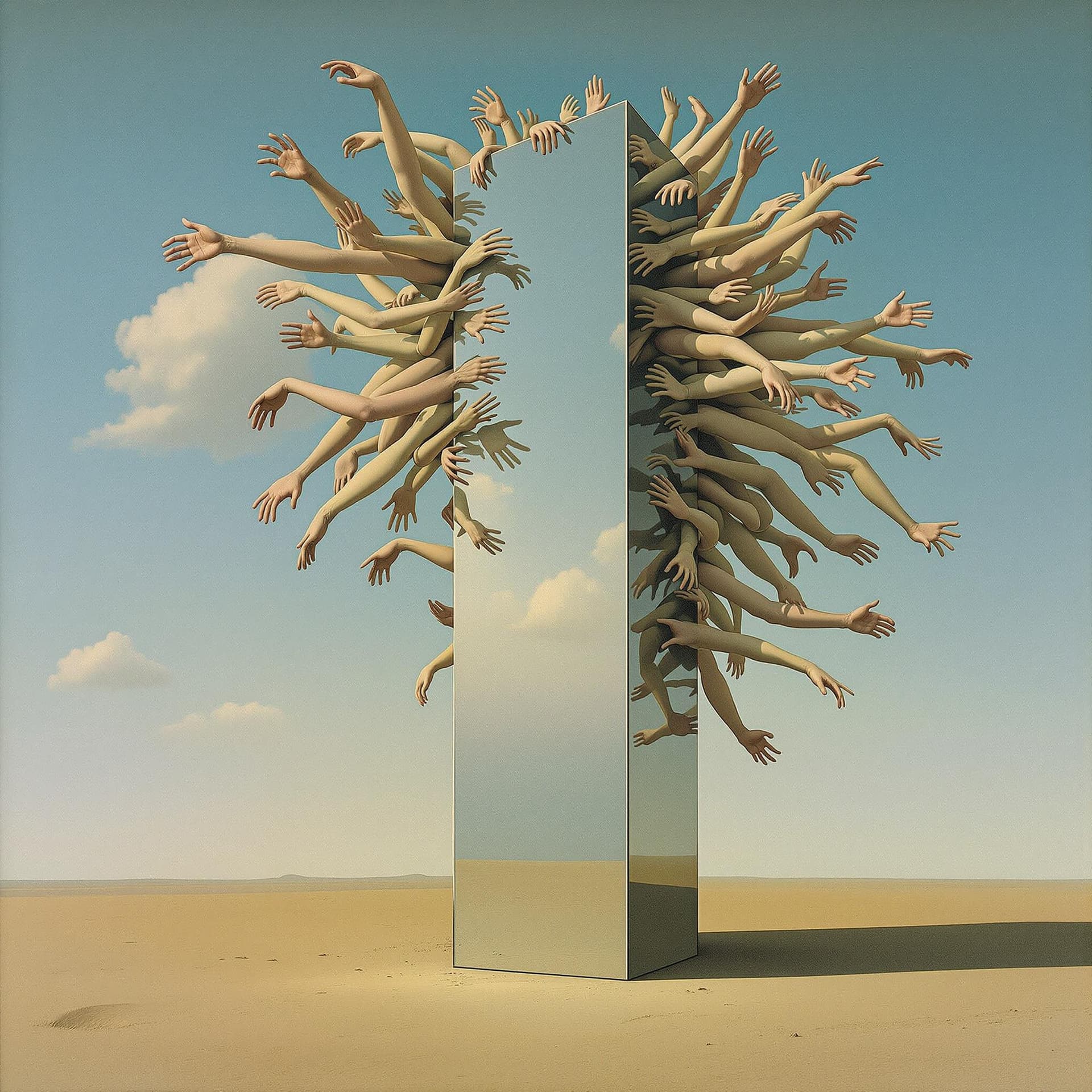 AI generated: A surrealist painting by Jan van Eyck and Max Ernst wherein a mirrored monolith sits on the floor of...