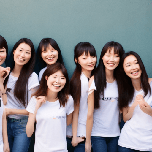 AI generated: a SFW photo of six cute twenty-something girls in jeans and white t-shirts, from the left: chinese, ...