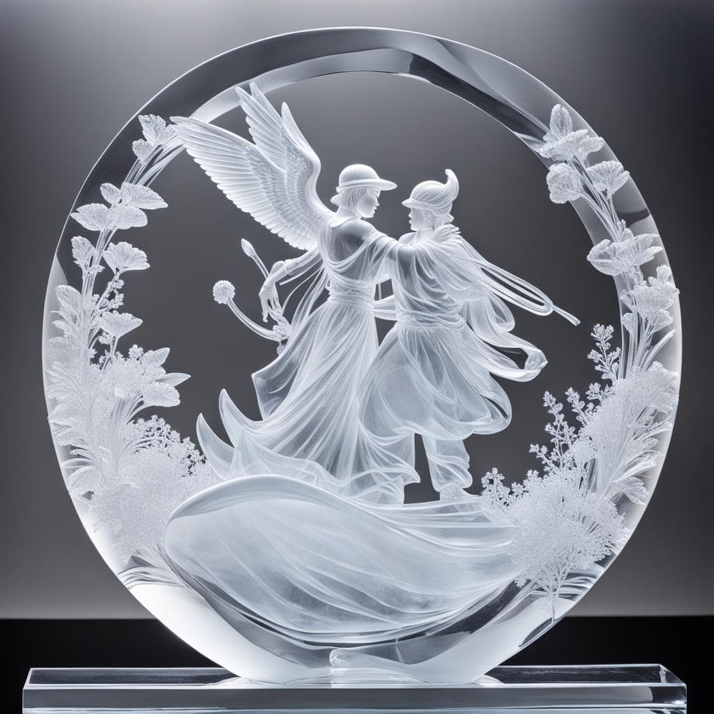 AI generated: an ice sculptured statue designed by Yukio Matsuo, a Japanese ice sculptor, in the style of Tim Linh...