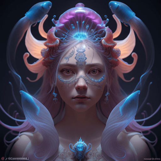 AI generated: Goddess close-up portrait ribcagel. jellyfish phoenix head, nautilus, orchid, skull, betta fish, bio...