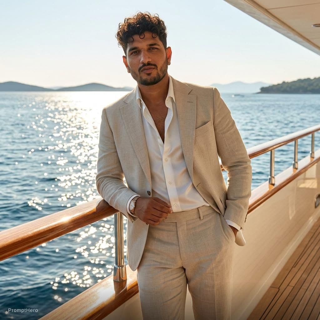 AI generated: Create a high-end fashion image of a male model wearing a tailored summer suit with an open shirt. P...