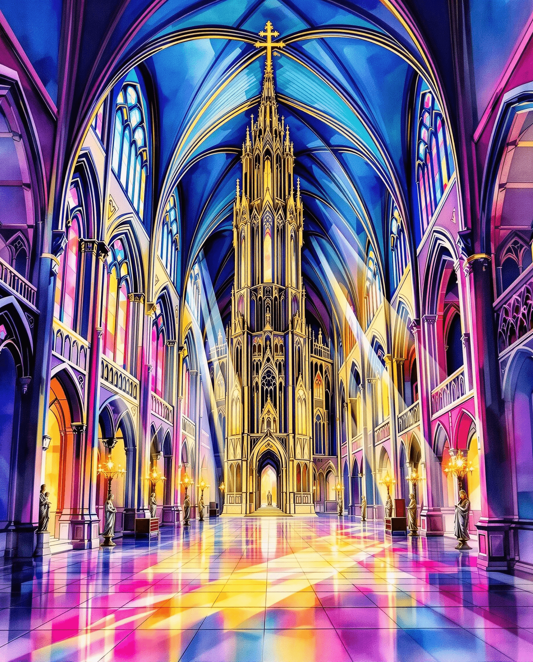 AI generated: A watercolor painting of a Gothic cathedral interior with vibrant colors and dramatic lighting. The ...