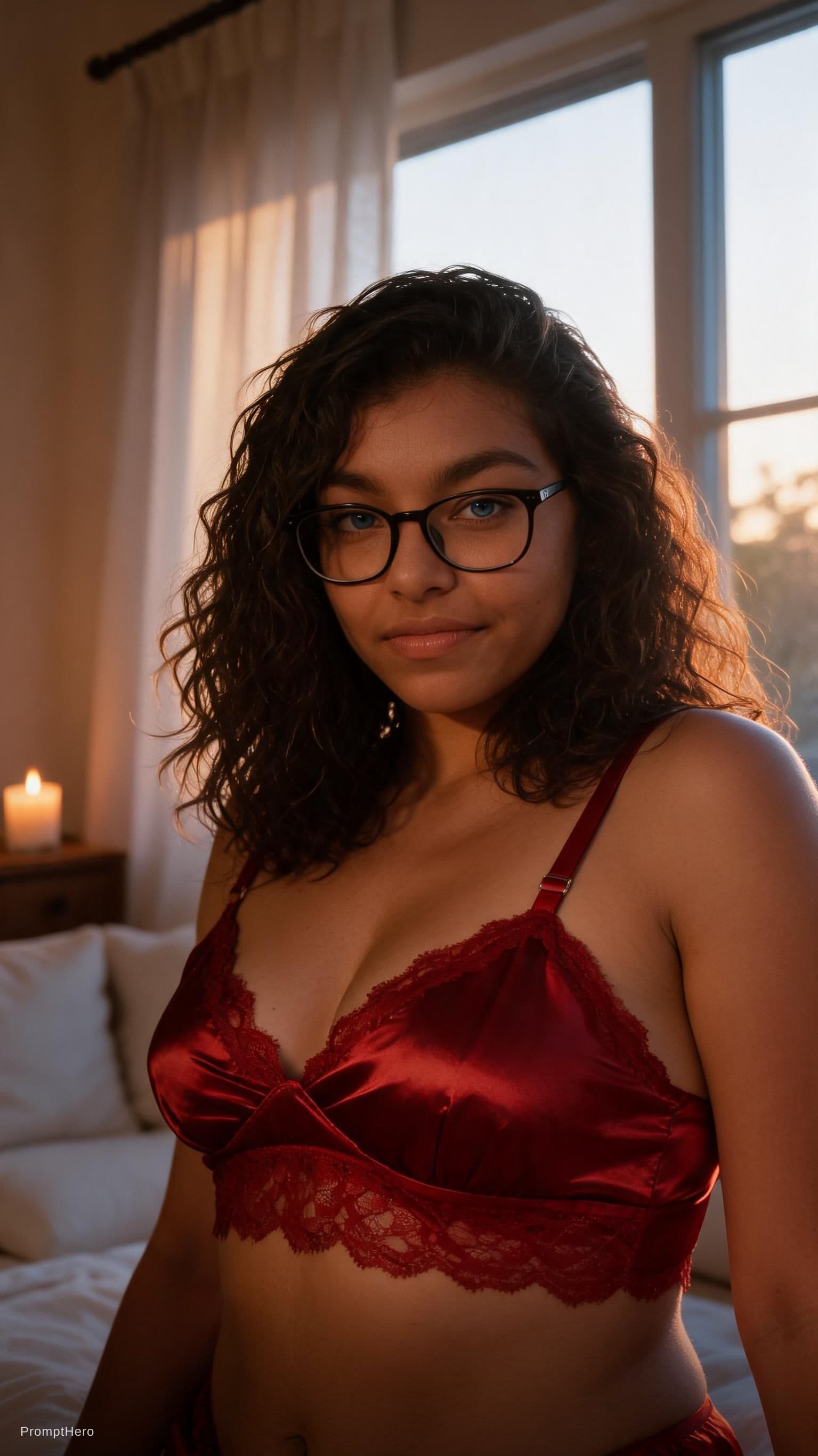 AI generated: A highly detailed, photorealistic portrait of a fit woman relaxing on a bed in a softly lit bedroom ...