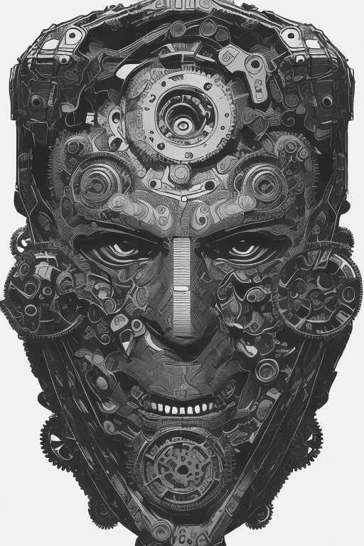 AI generated: "the mask is unlatched and hangs open to the side" "revealing his true face", "his face is" a highly...