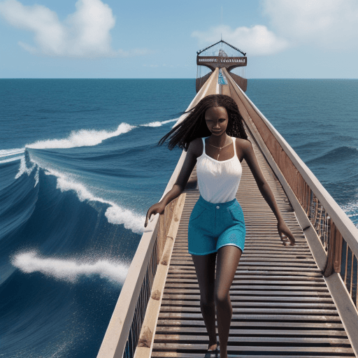 AI generated: African girl walking on a bridge falls inside the ocean, hyper-realistic, 8k image 