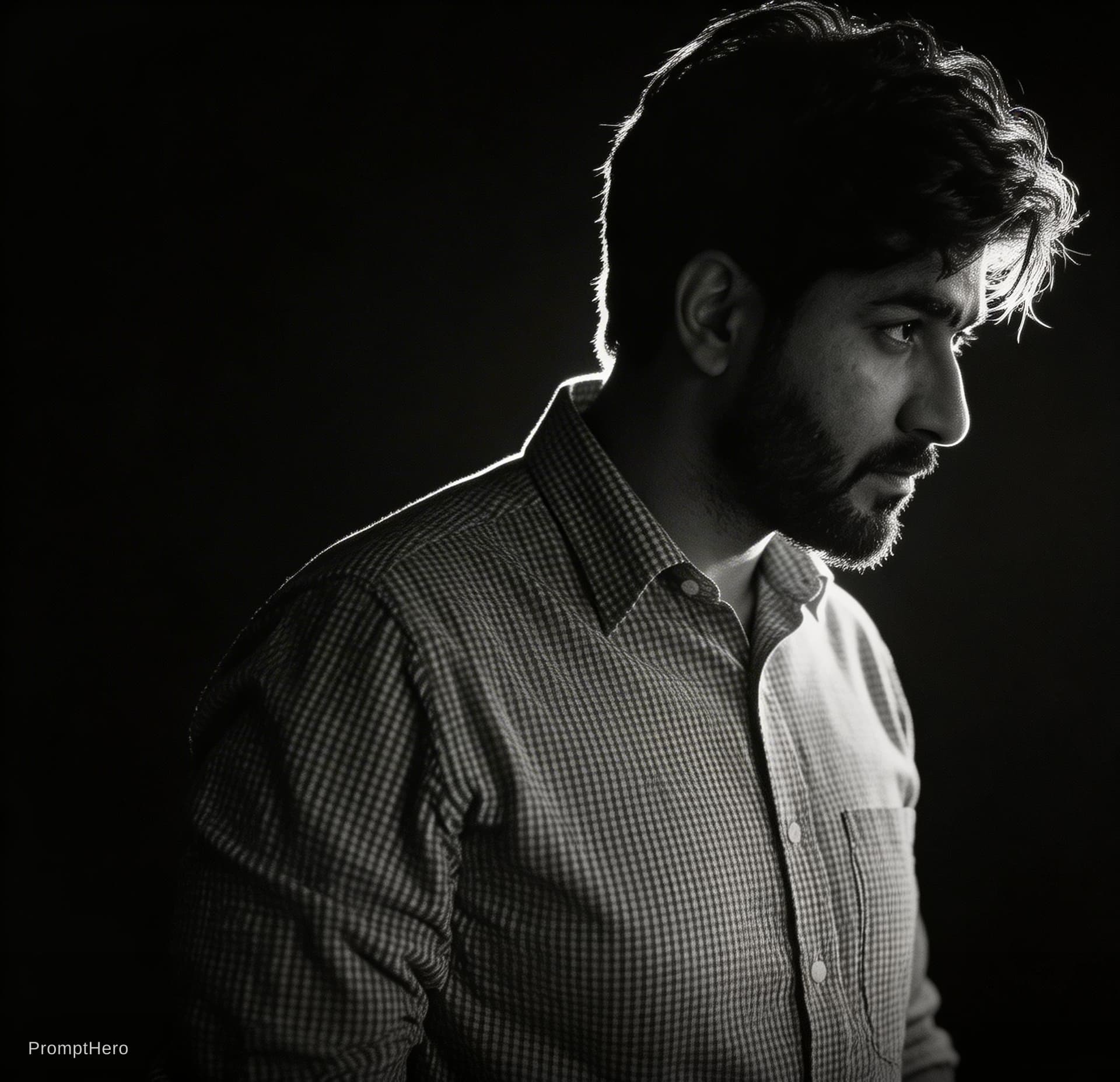 AI generated: A dramatic black and white profile portrait of a man, intense rim lighting, deep shadows, cinematic ...