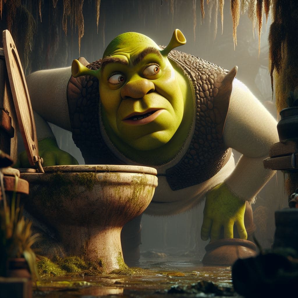 AI generated: Shrek sniffing up close the scent coming out of the filthy toilet in the swamp, humour