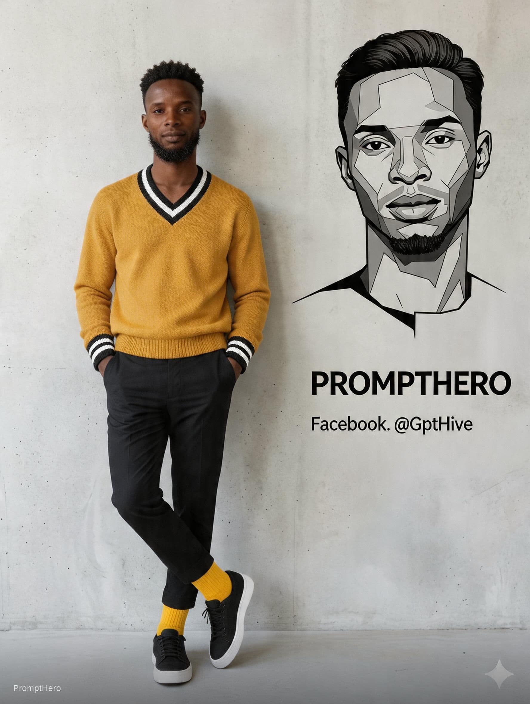 AI generated: "Ultra-realistic 8K full-body portrait of a stylish young man leaning casually against a clean light...