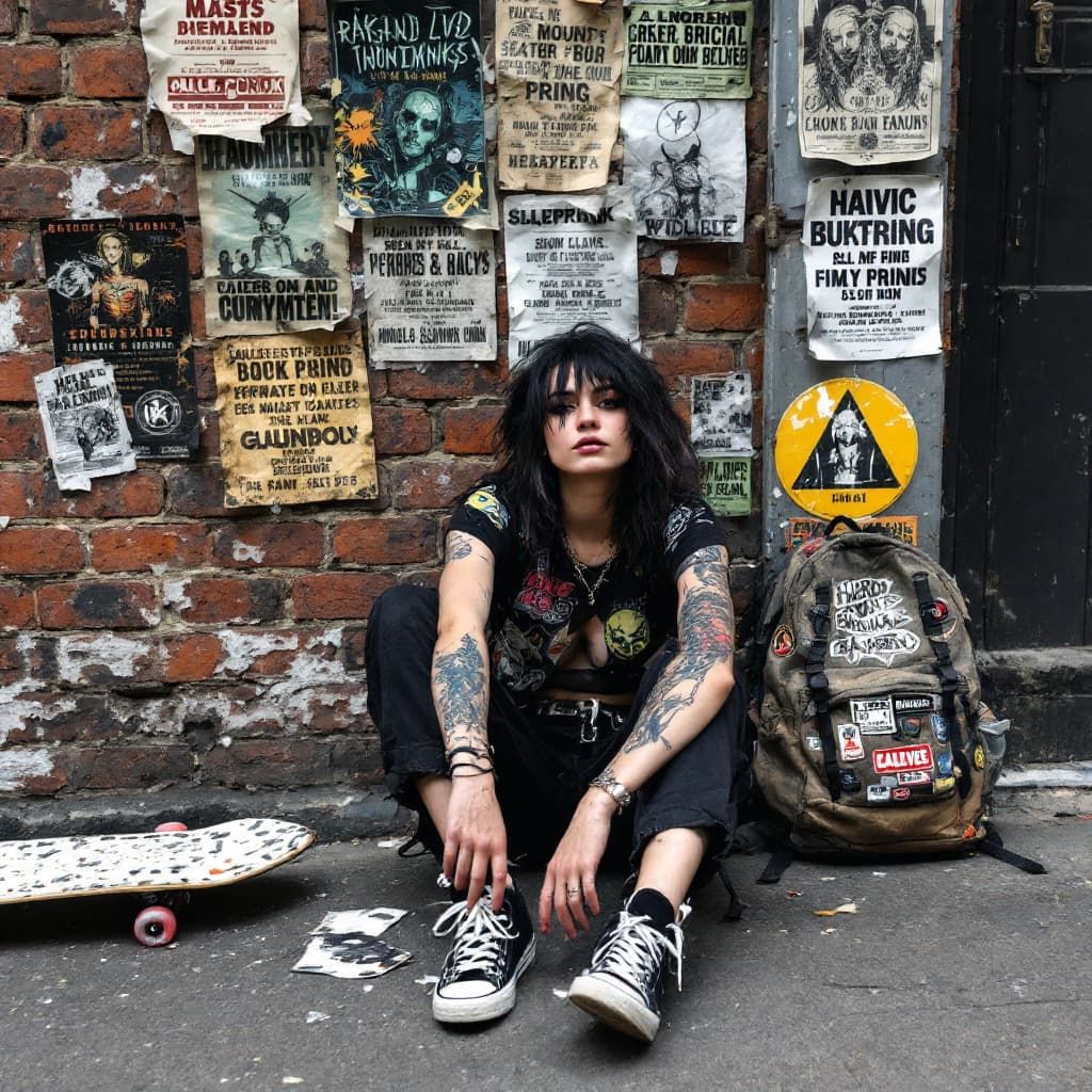 AI generated: london punk female , wearing skateshoes , sitting on ground with back against wall, a pro skateboard...