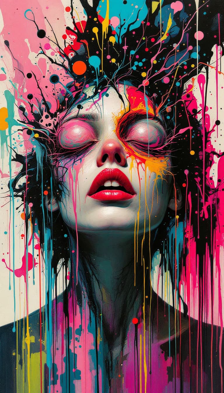 AI generated: Surrealistic painting of a girl's acid trip through a schizophrenic mind. In the style of abstract e...