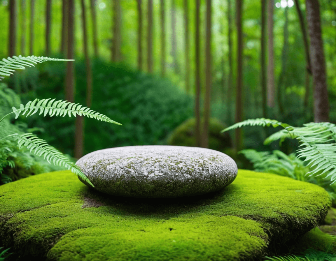 AI generated: A rock podium in the nature background, trending on cg society, stage, beautiful day, top of a moss ...
