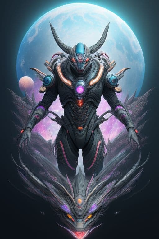 AI generated: Futuristic creature out of other dimention, galaxy background unreal, different dimension, alien, ai...