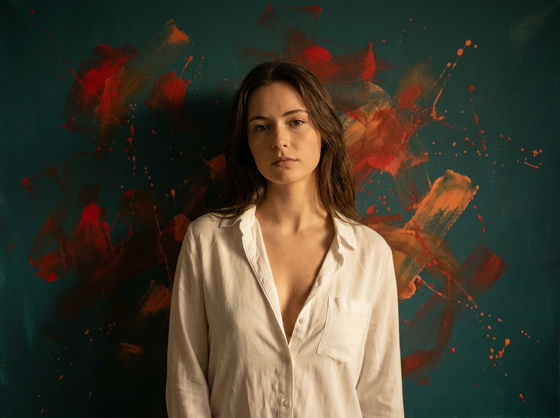 AI generated: A fit adult woman with brown hair stands against an abstract background featuring splashes of red an...