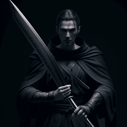 AI generated: swordsman with black robe and about 1,70 and two swords, one dark and one blueartwork. cinematic, hy...