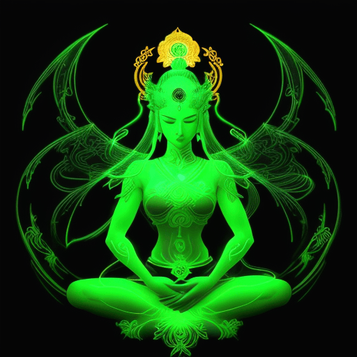 AI generated: aggressive digital illustration,Guan Yin, neonluminescent glow,negative space,high contrast, emerald...