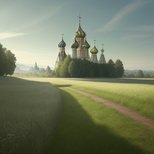 AI generated: On the same background green field joyfully lit with sunlight place 2 medieval churches:  a typical ...