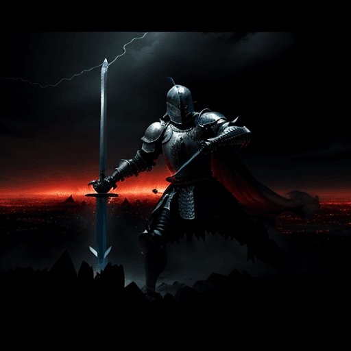 AI generated: A knight destroying an entire city with his sword while the sky was falling apart, slams his big swo...