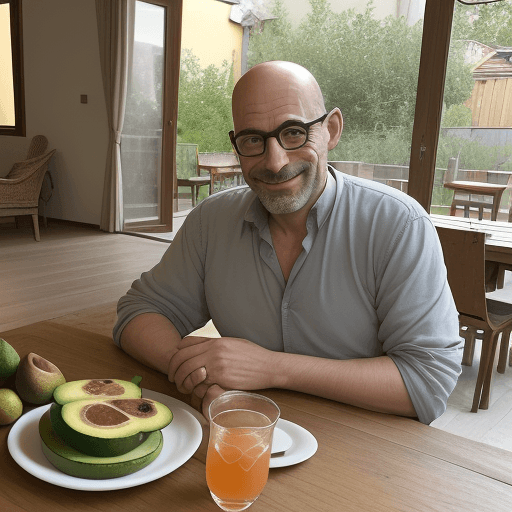 AI generated: He is sitting at the large wooden table in the living room of a wonderful, warm and energetic duplex...