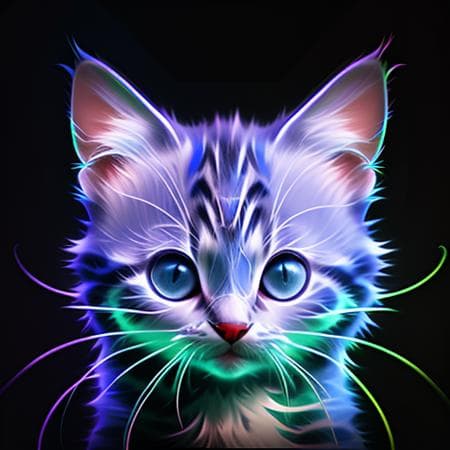 AI generated: DEn30n, kitten, white neon, blue neon, green neon <lora:Neon_portrait-000015:0.6> , simple backgroun...