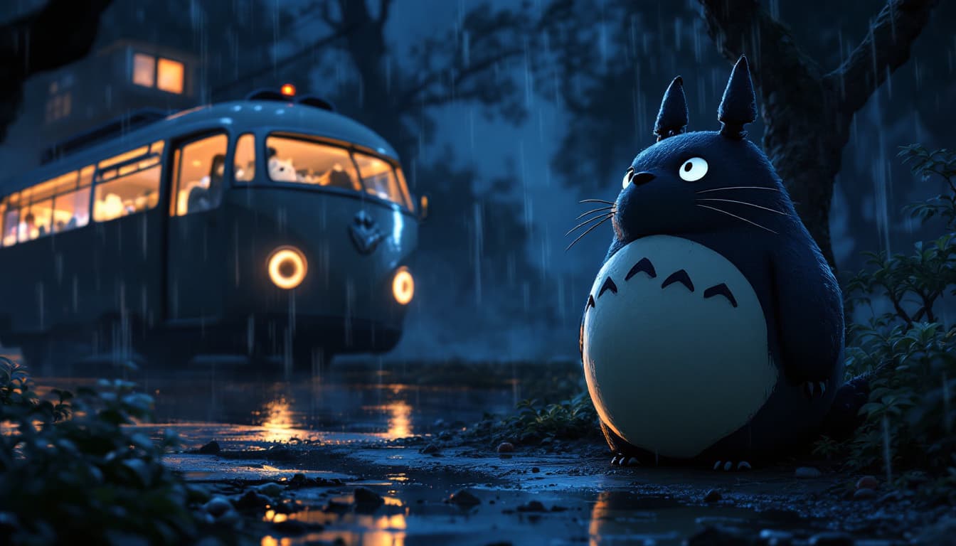AI generated: Totoro patiently waiting for the catbus on a dark gloomy rainy night, Studio Ghibli style, renderman...
