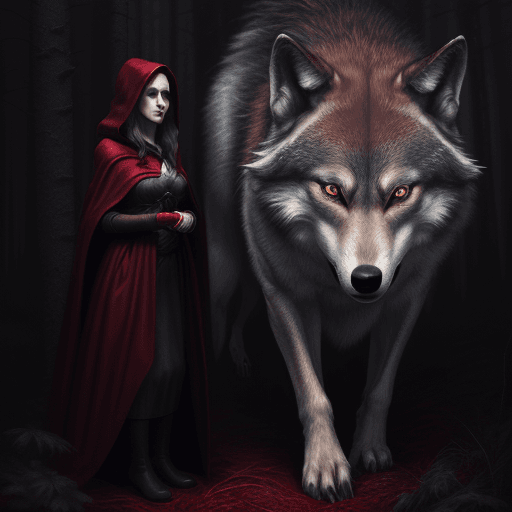 AI generated: The Girl in the Red Cloak with the Wolf in the Dark Forest detailed digital painting, a photorealist...