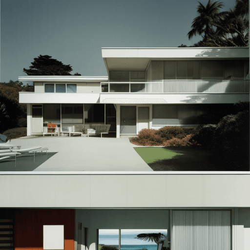 AI generated: Hyper realistic eye level exterior photo of a mid century modern style house overlooking the ocean, ...