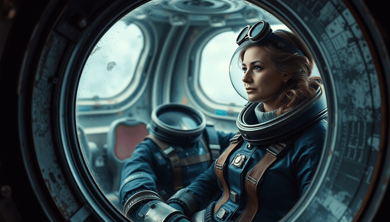 AI generated: a realistic photo of a 45-year-old woman in steampunk spacesuit in an old steampunk spaceship window...