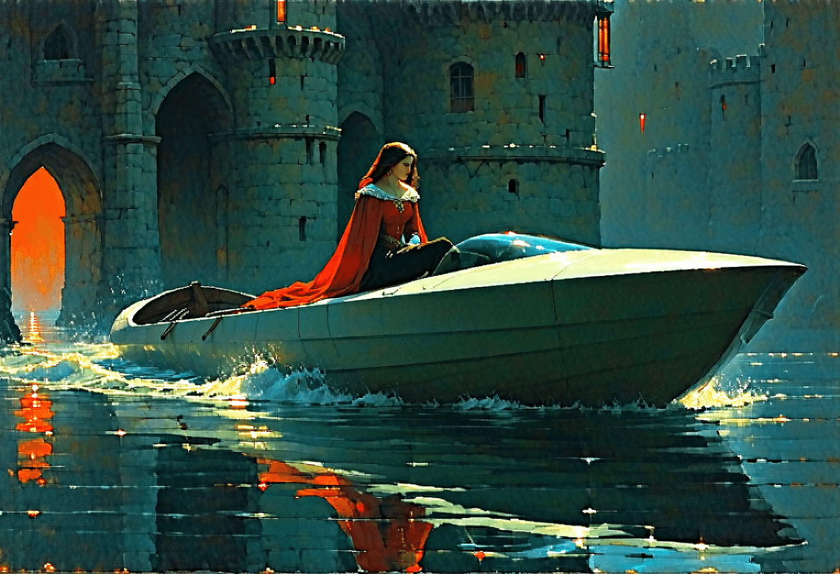 AI generated: Create a beautiful painting by John William Waterhouse known as 'The Lady of Shalott'. She is isolat...