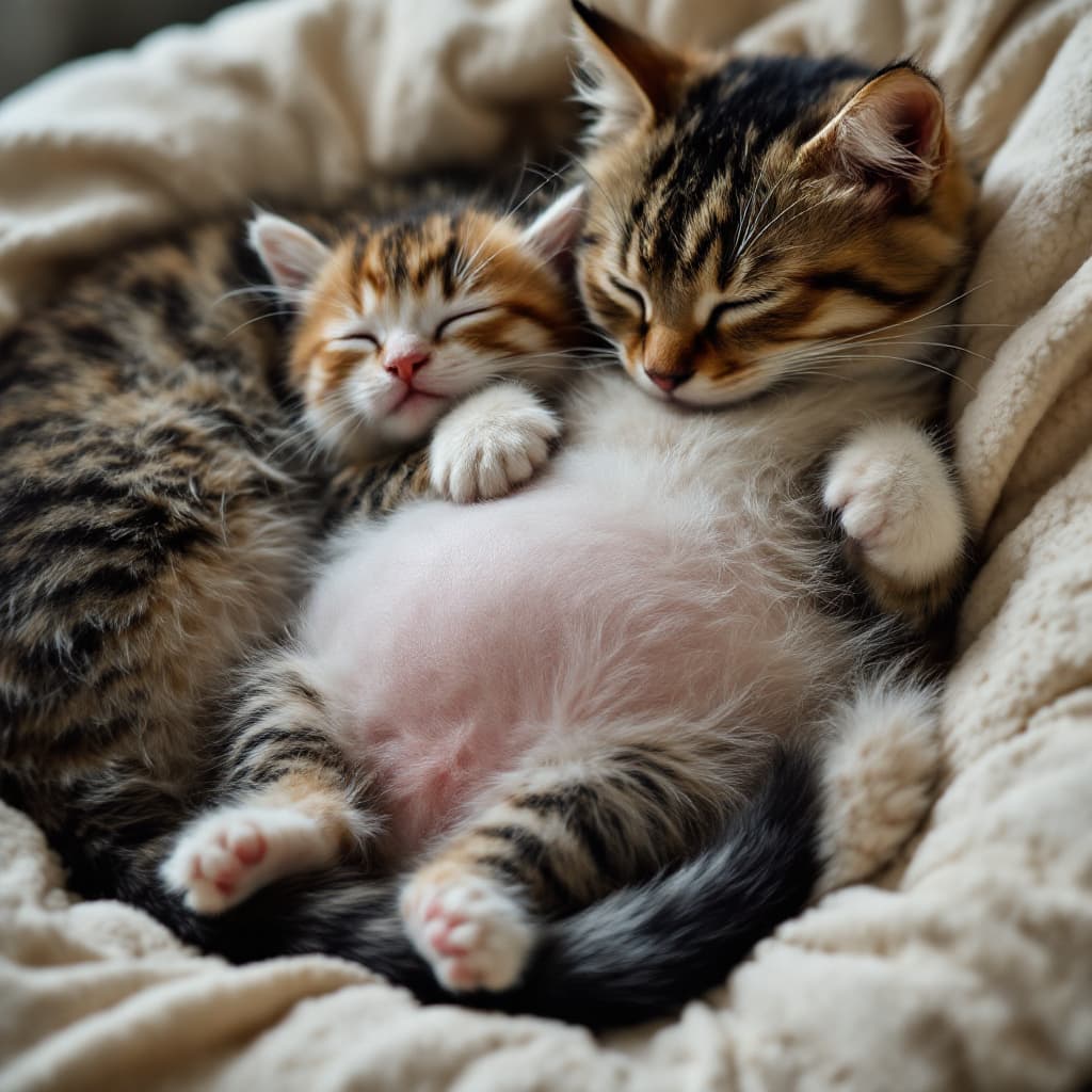 AI generated: a picture of a fluffy kitten on it's back laying against it's mother , with a big belly and asleep ,...