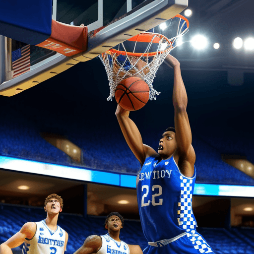 AI generated: Kentucky Wildcat Basketball player dunking on an opponent with a sold out arena watching.