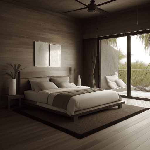 AI generated: Photorealistic image of a interior design bedroom, light wood floor, dreamy interior, Tulum inspired...