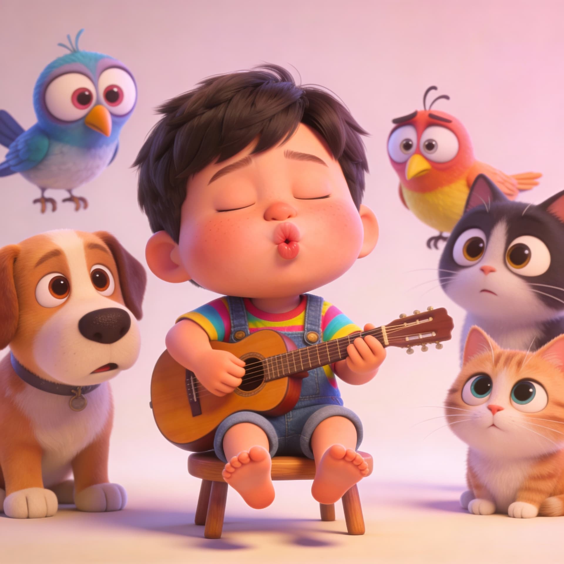 AI generated: A chubby little boy playing guitar with a deeply emotional and exaggerated expression, eyes closed, ...