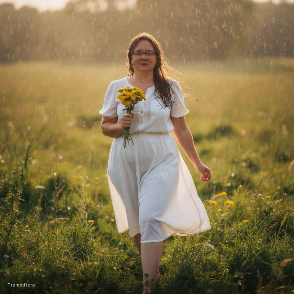AI generated: woman strolls through a lush green field on a sunshower afternoon, where golden light filters throug...