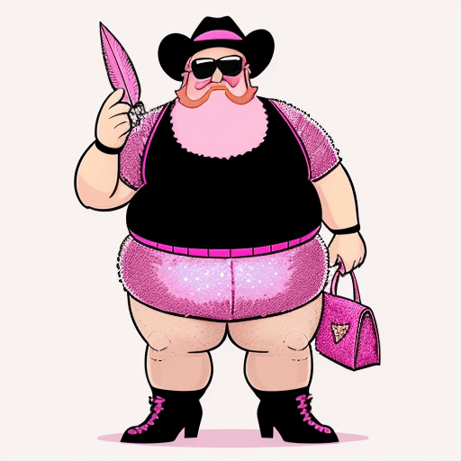 AI generated: overweight, old male, Pink fuzzy short sleeve type sweater, Pink, sequin, Knee length tight skirt on...