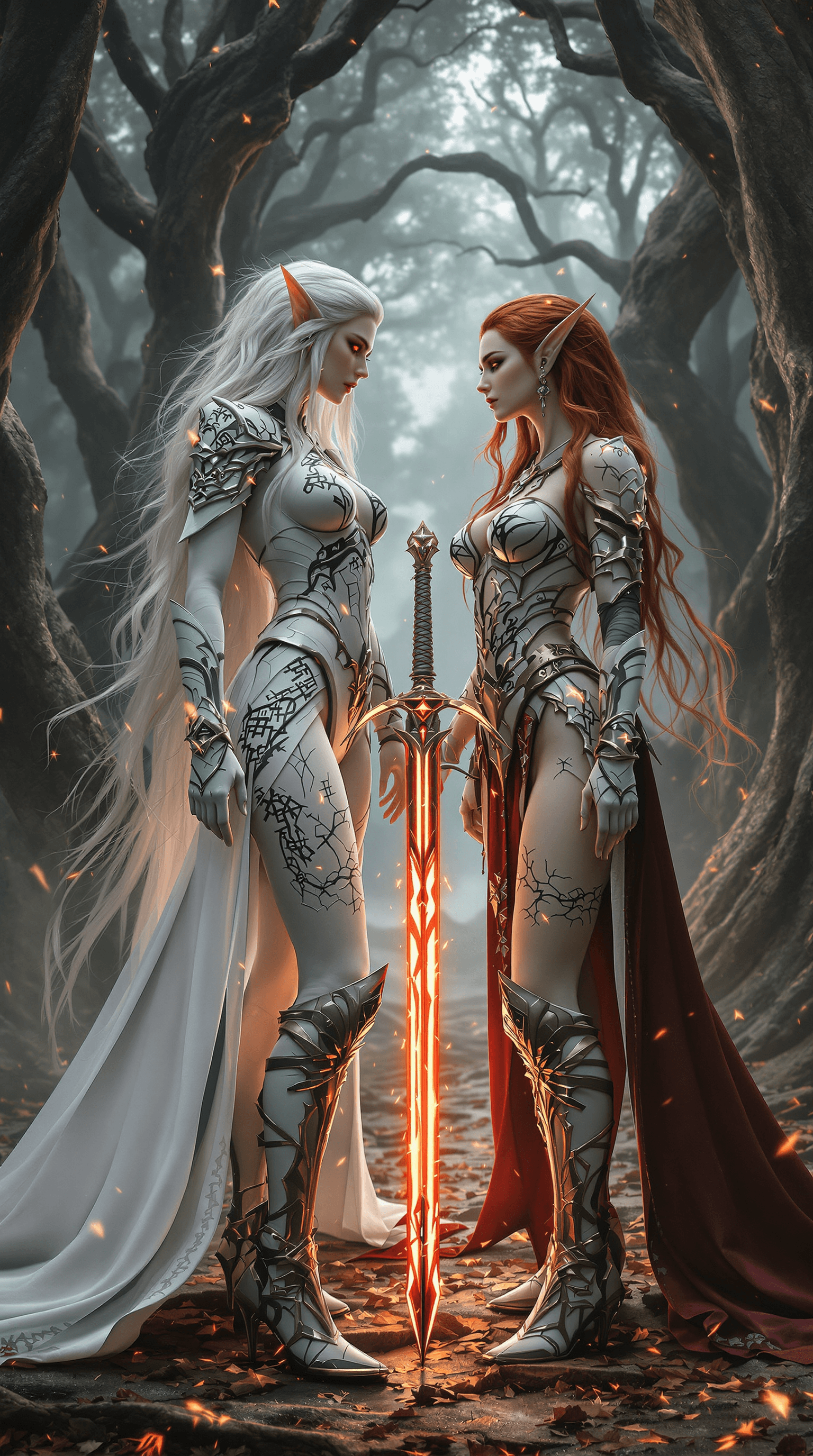 AI generated: A breathtaking cinematic 8K full-body fantasy photograph featuring two powerful female elven warrior...