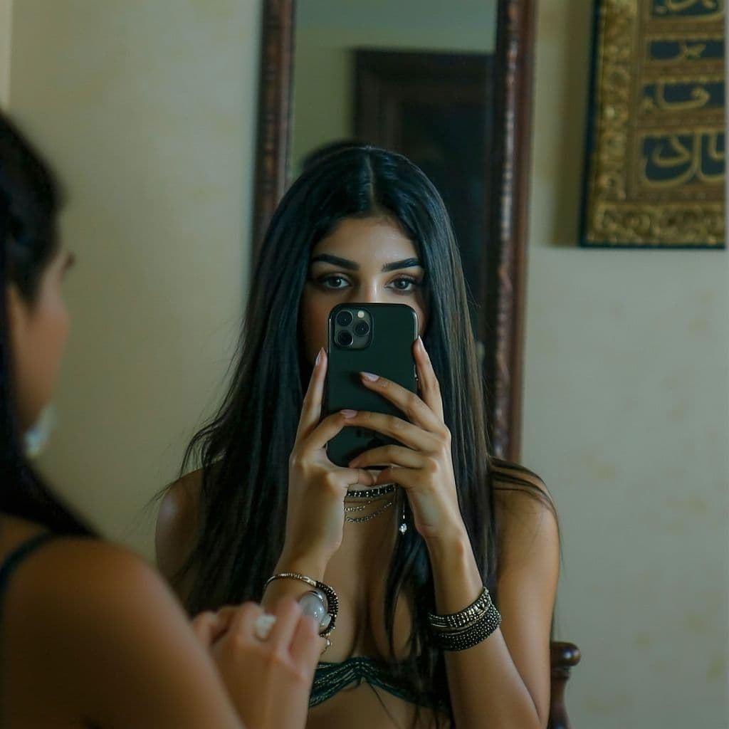 AI generated: the Egiptian girl  takes a photo with her phone of herself in the mirror, she has 30 years old, has ...