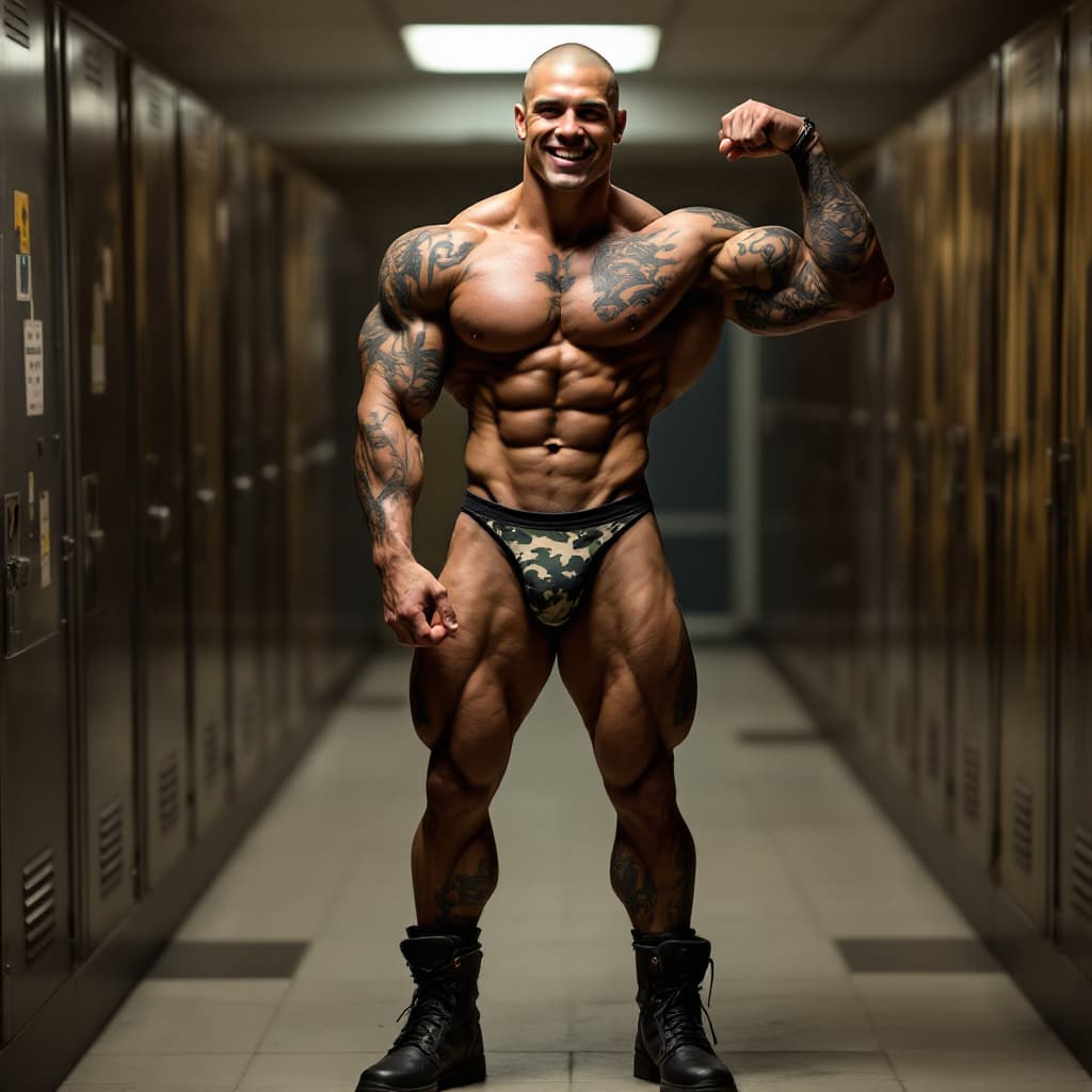 AI generated: Full body image, young tall marine bodybuilder, heavily tattooed, slim face, chiseled jawline, shave...